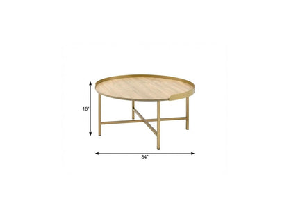 34" Oak and Gold Wood And Metal Round Sled Coffee Table