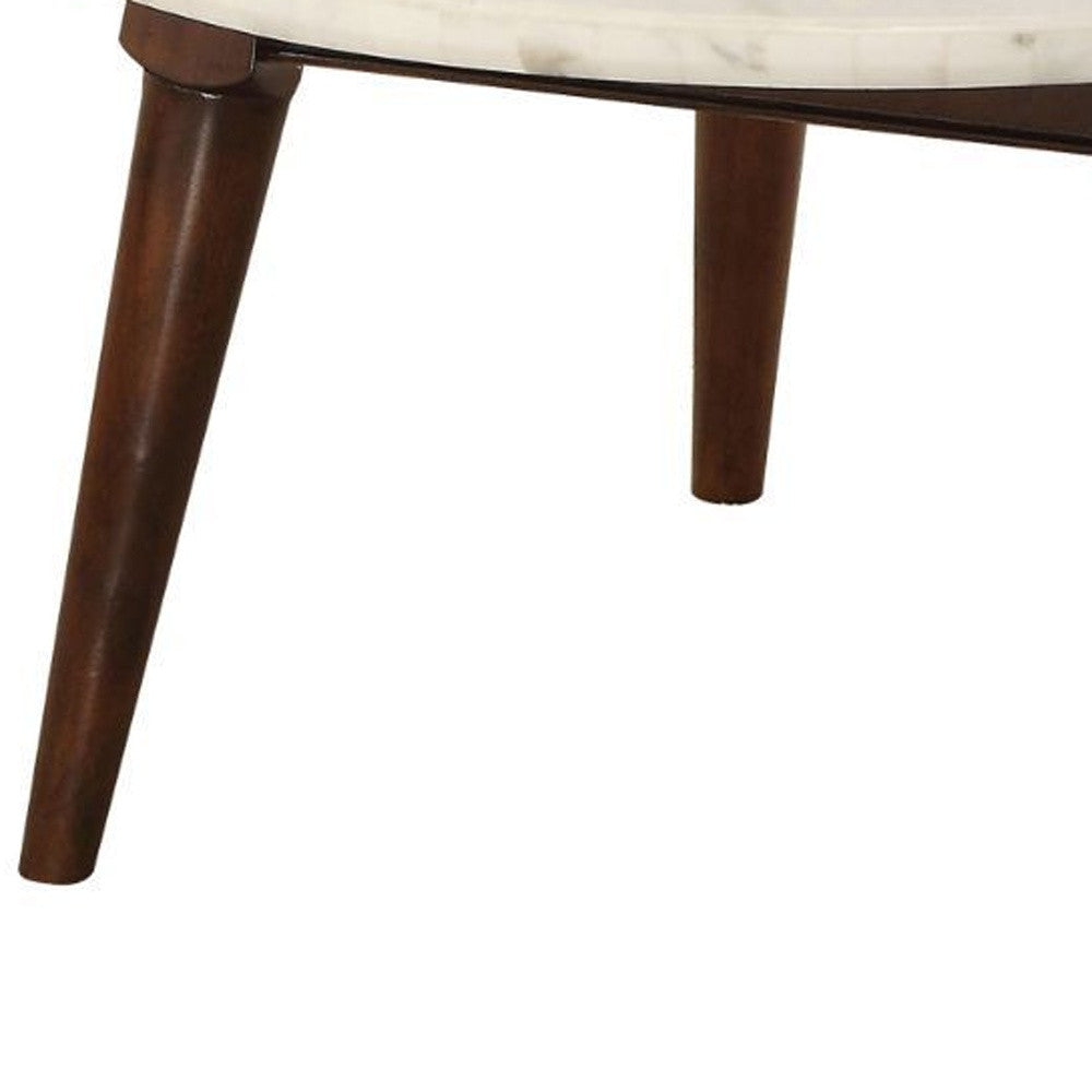 36" Walnut And Marble Faux Marble Round Coffee Table