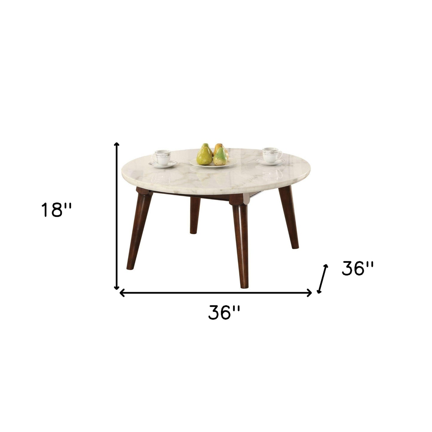 36" Walnut And Marble Faux Marble Round Coffee Table