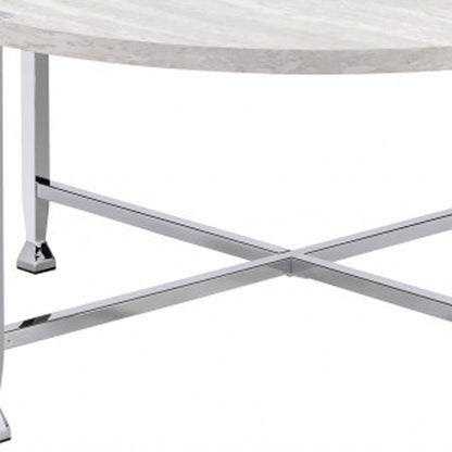 36" White and Silver Metal Round Cross Legs Coffee Table