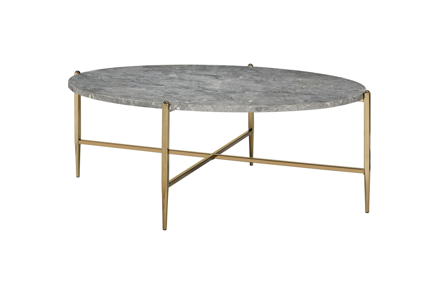 48" Gray And Champagne Faux Marble And Metal Oval Coffee Table