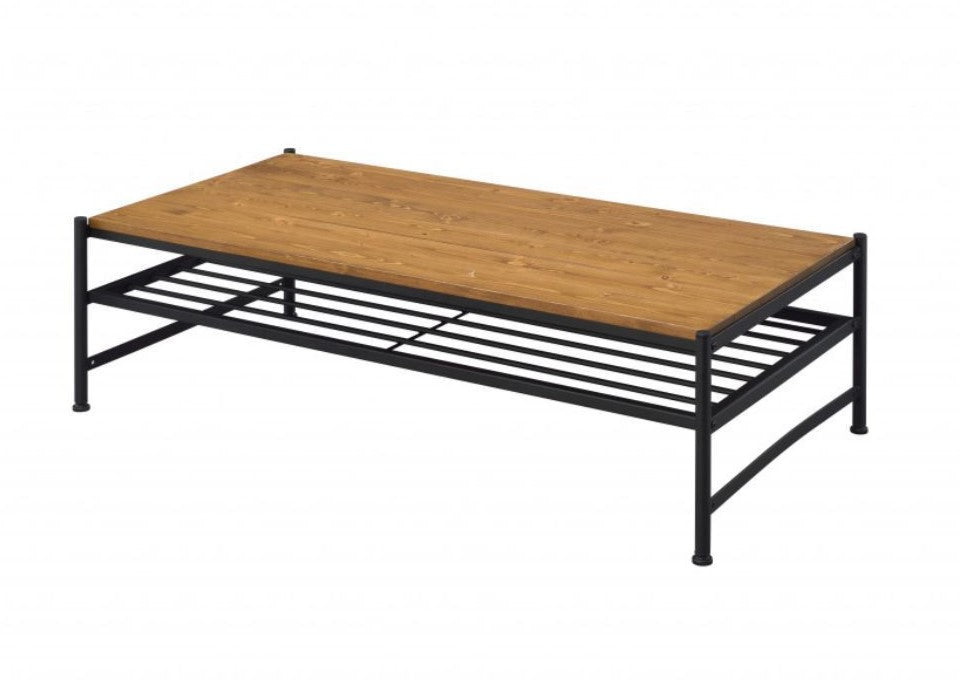 47" Black And Oak Solid Wood Rectangular Coffee Table With Shelf