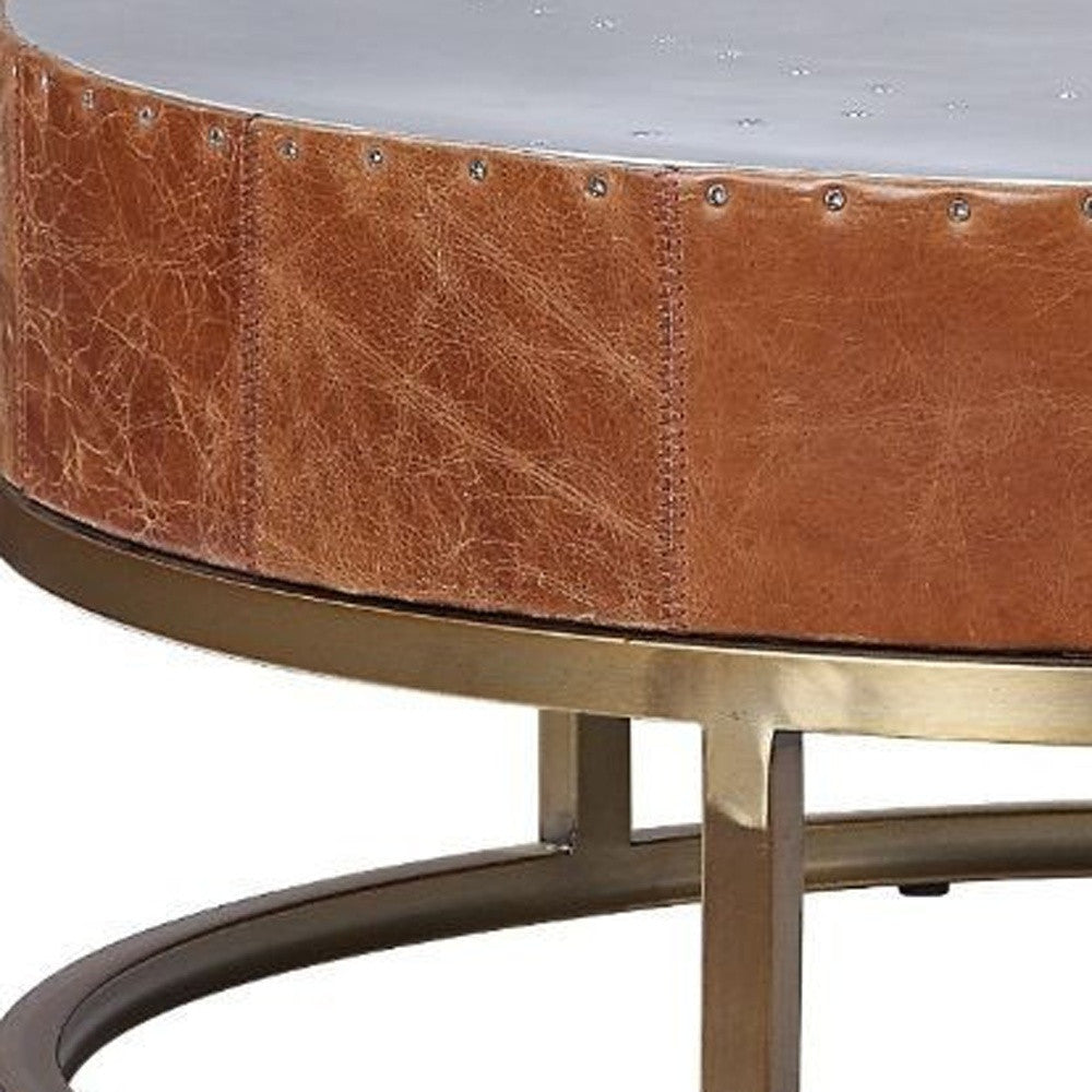 32" Cocoa And Silver Aluminum Round Coffee Table With Drawer