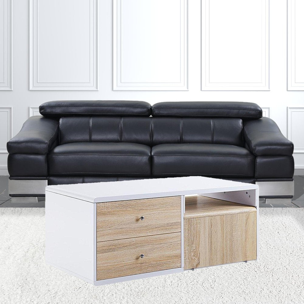 47" White and Natural Wood Frame Coffee Table With Two Drawers