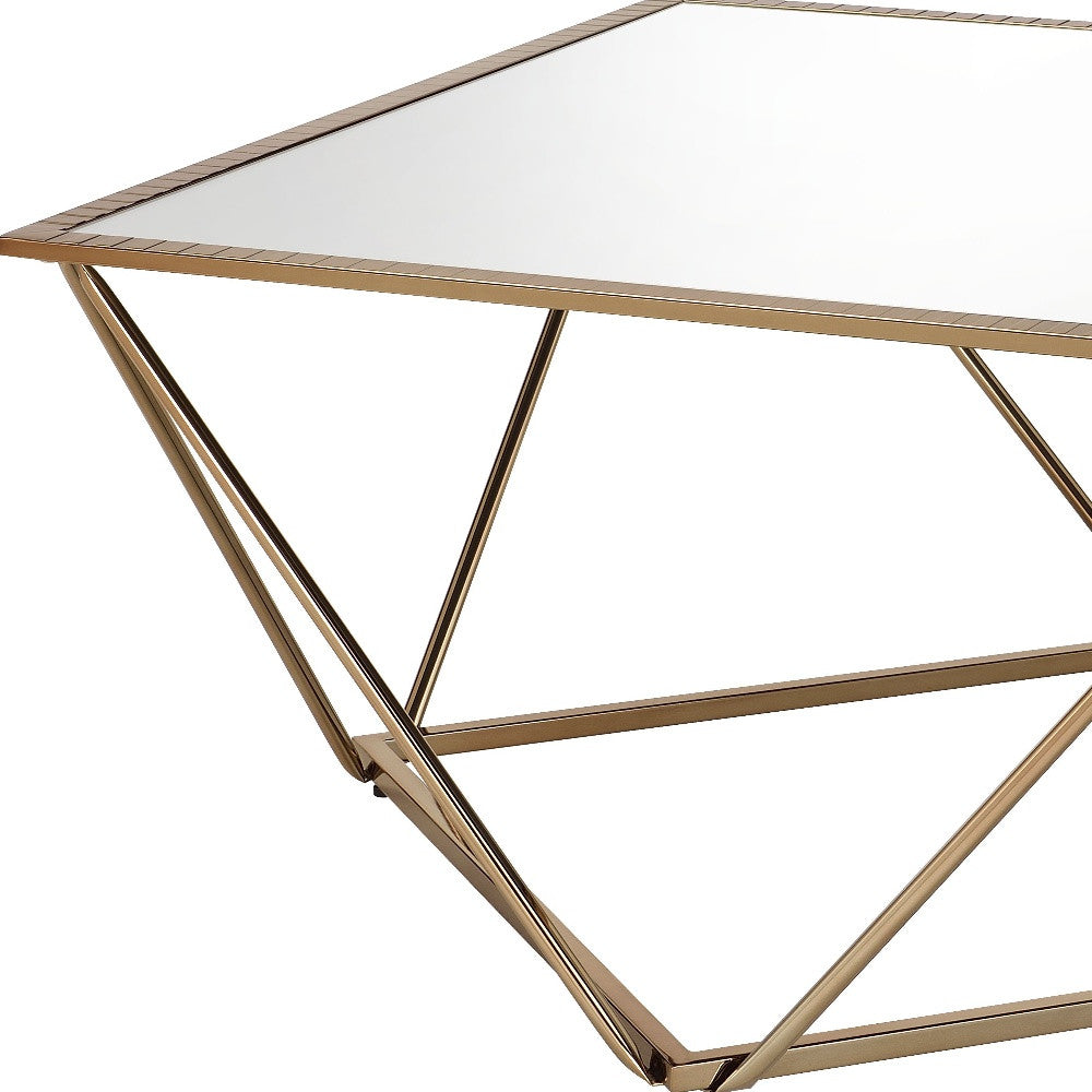 32" Champagne Gold And Mirrored Mirrored And Metal Square Mirrored Coffee Table