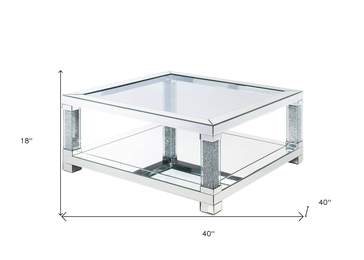 40" Clear And Silver Glass Square Mirrored Coffee Table With Shelf