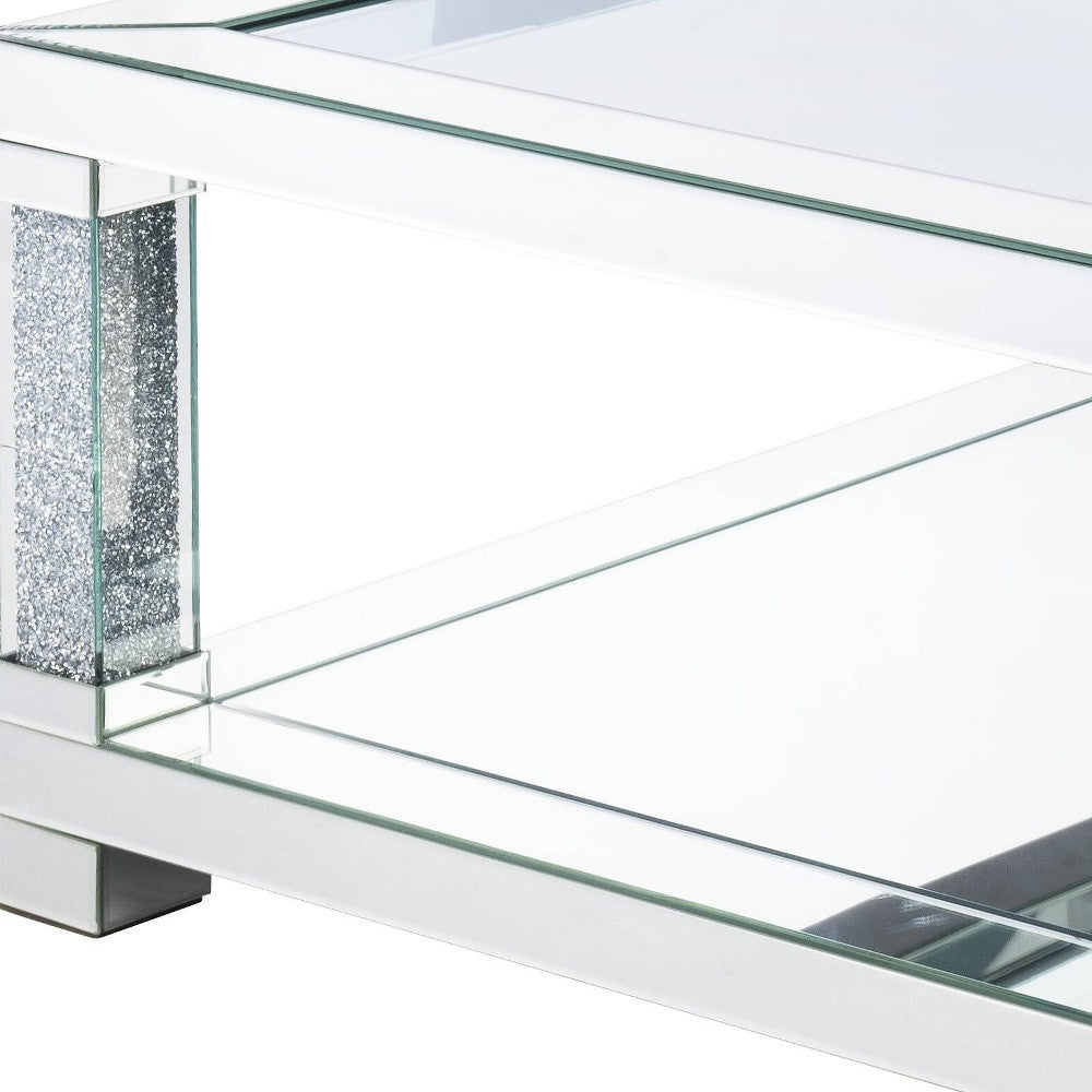 40" Clear And Silver Glass Square Mirrored Coffee Table With Shelf