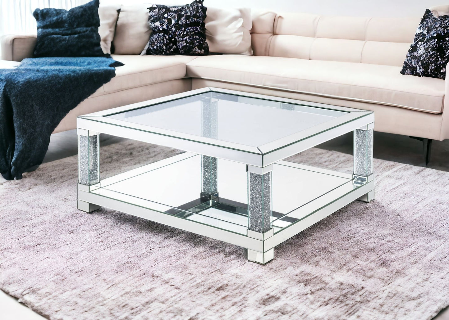 40" Clear And Silver Glass Square Mirrored Coffee Table With Shelf