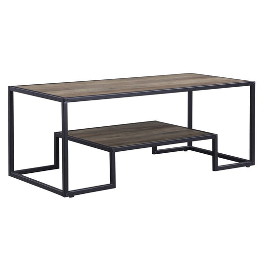 45" Brown and Black Metal Sled Coffee Table With Shelf