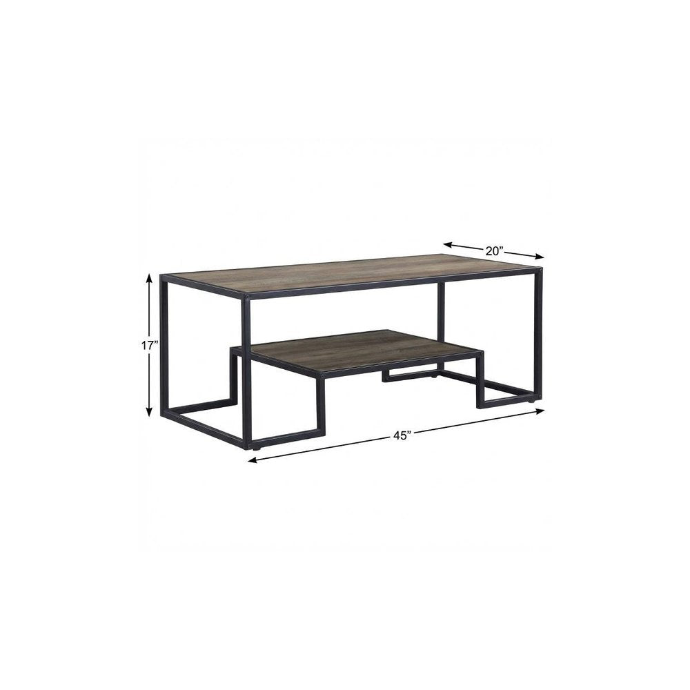 45" Brown and Black Metal Sled Coffee Table With Shelf
