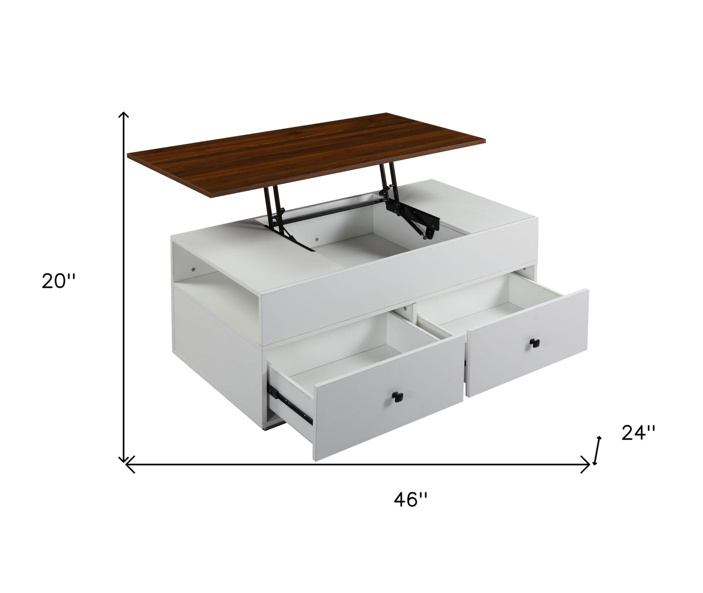 46" White And Walnut Lift Top Coffee Table With Two Drawers And Shelf