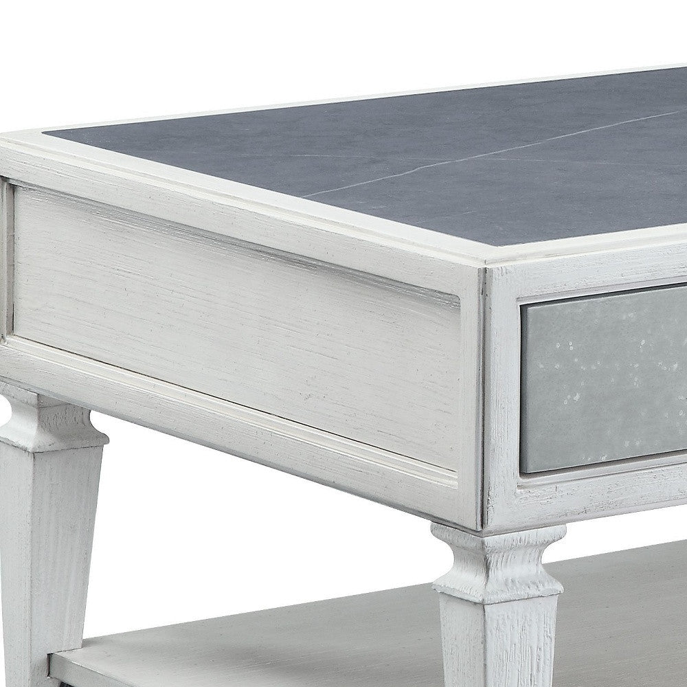 50" Gray And White Sintered Stone Coffee Table With Two Drawers And Shelf