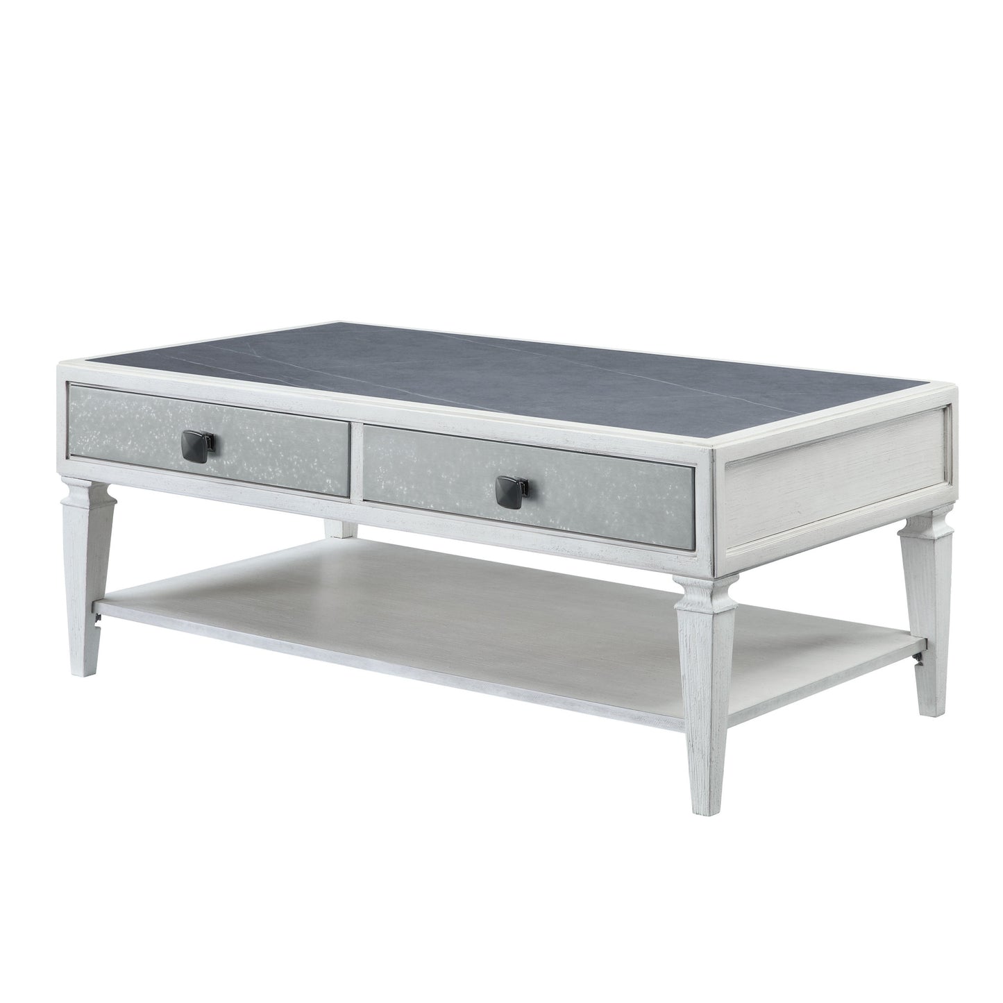 50" Gray And White Sintered Stone Coffee Table With Two Drawers And Shelf