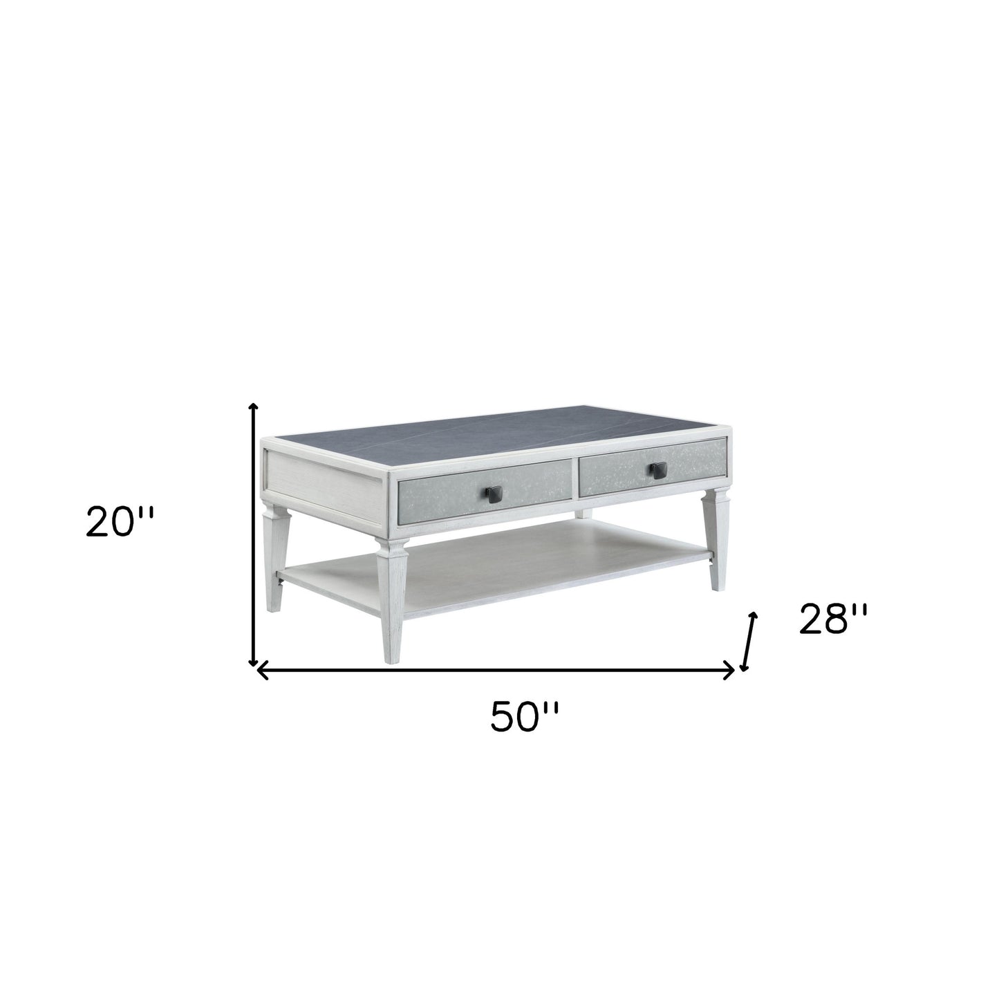 50" Gray And White Sintered Stone Coffee Table With Two Drawers And Shelf