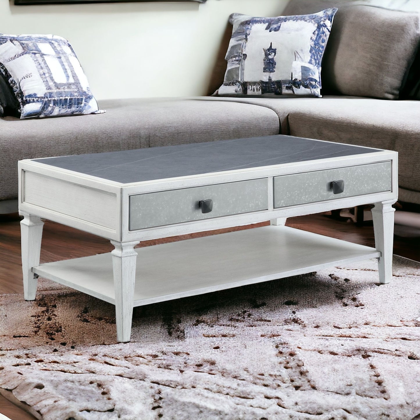 50" Gray And White Sintered Stone Coffee Table With Two Drawers And Shelf