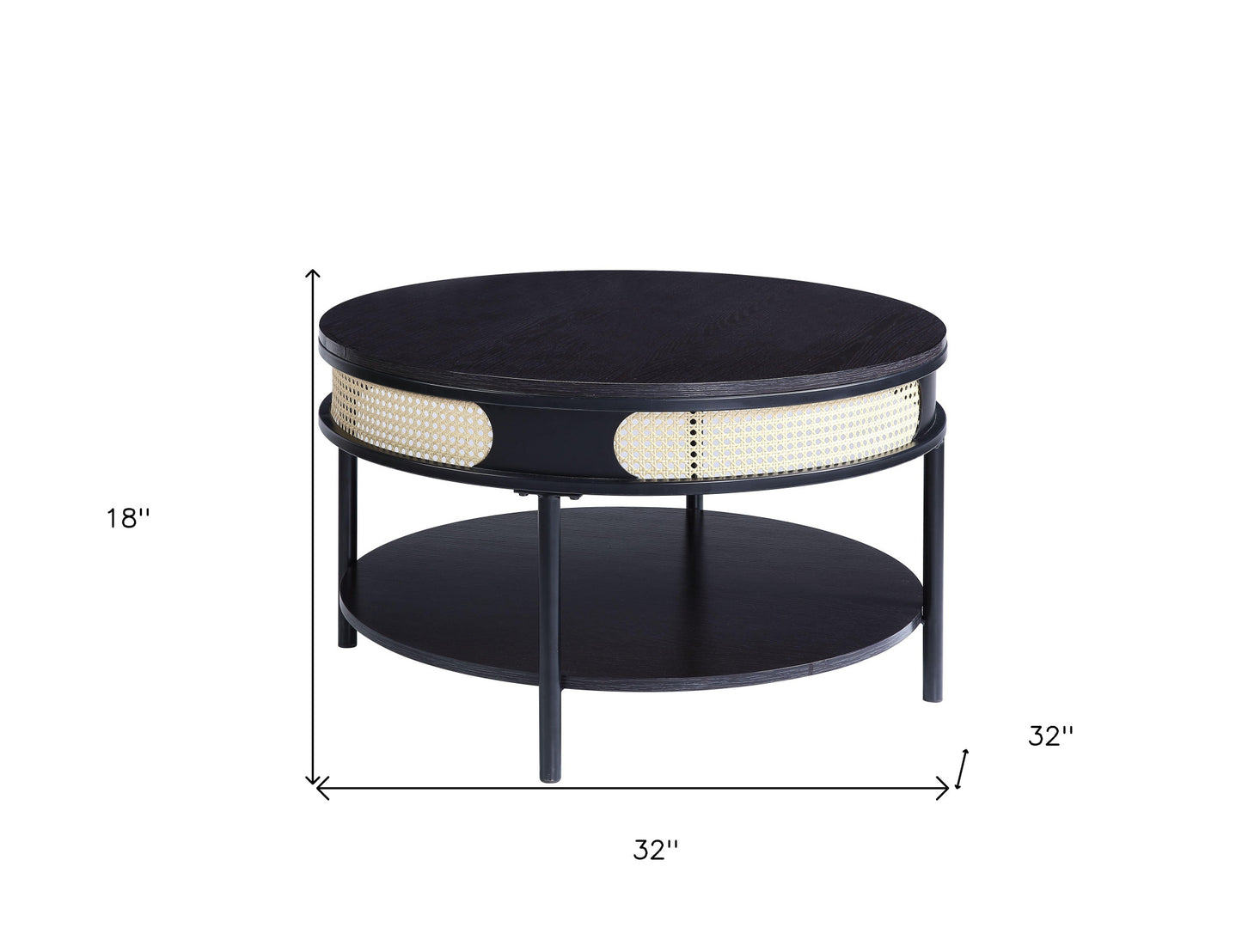 32" Black Metal Round Coffee Table With Shelf