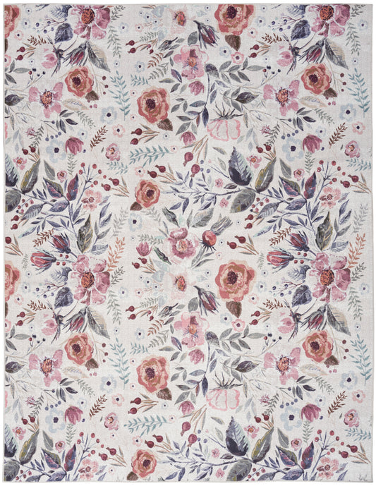 Rectangular floral rug featuring pink, purple and peach blossoms with blue-green leaves on a light beige background.