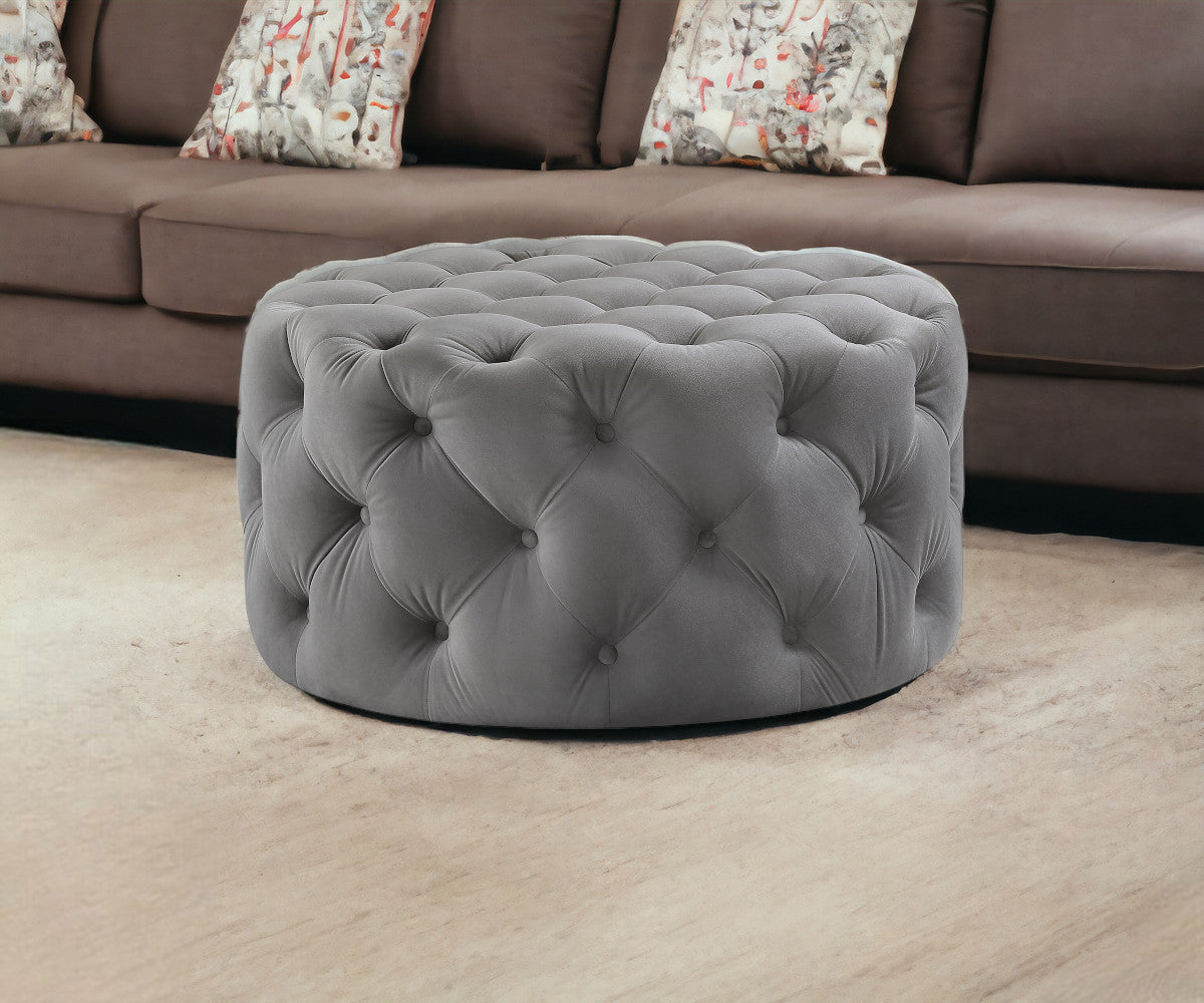 33" Beige Linen  Rolling Tufted Round Cocktail Ottoman