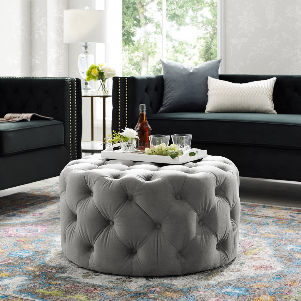 33" Beige Linen  Rolling Tufted Round Cocktail Ottoman