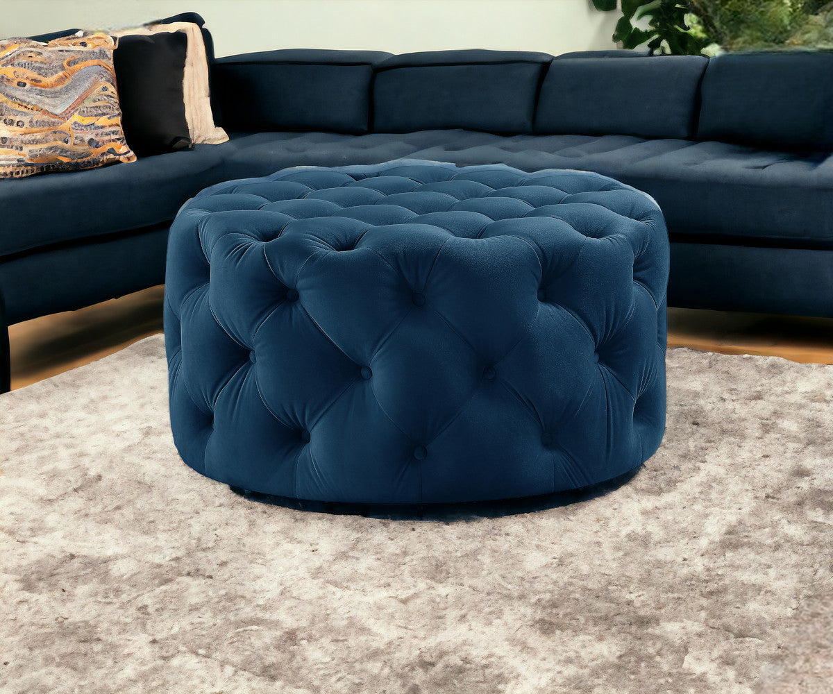 33" Beige Linen  Rolling Tufted Round Cocktail Ottoman