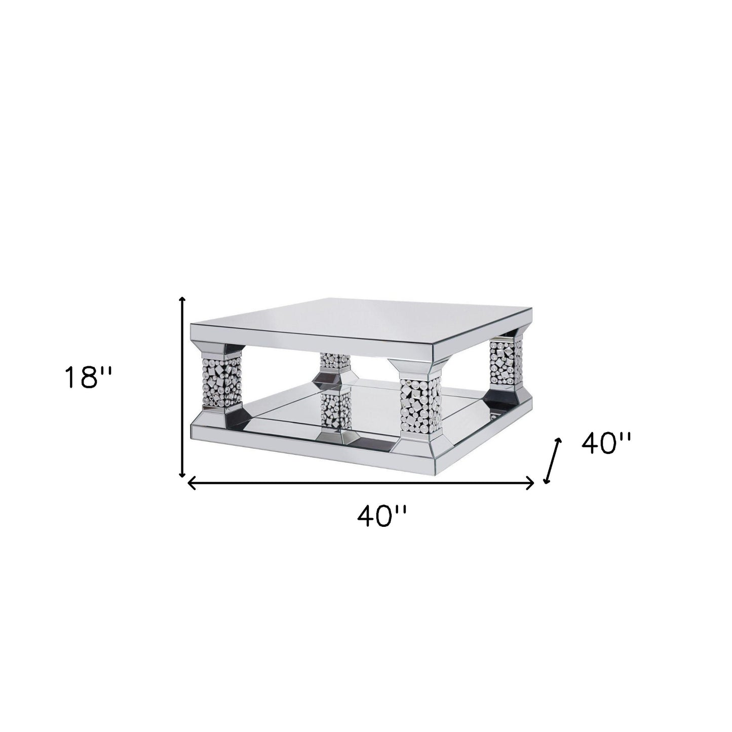 40" Silver Glass Square Mirrored Coffee Table With Shelf