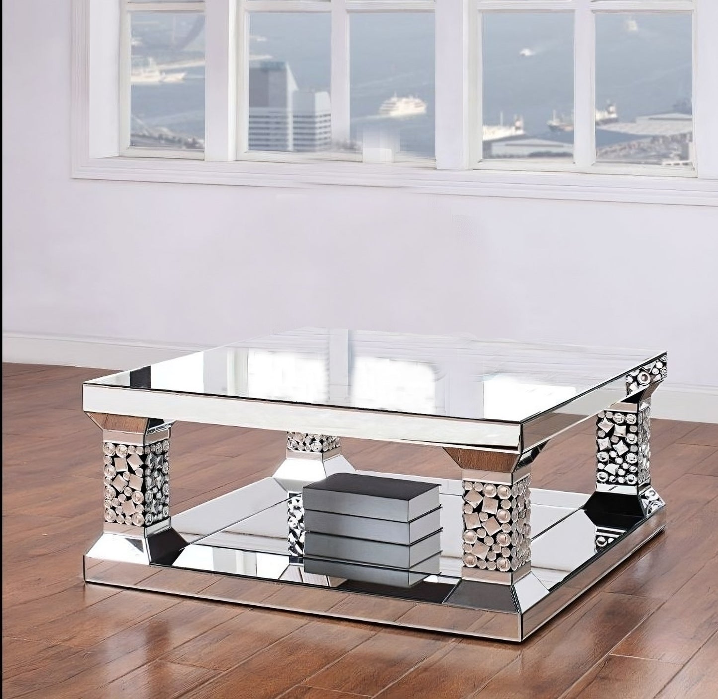 40" Silver Glass Square Mirrored Coffee Table With Shelf