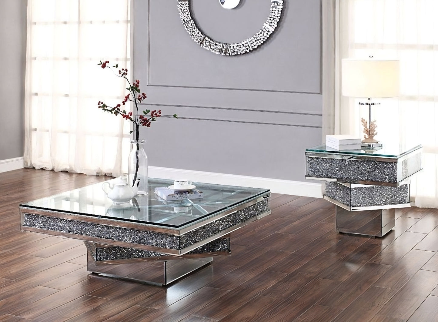 39" Clear And Silver Glass Square Mirrored Coffee Table