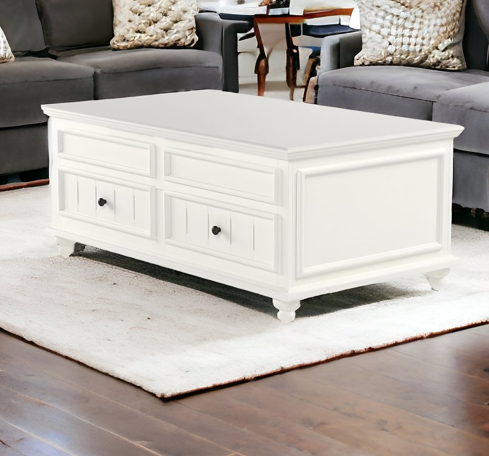 48" White Wood Lift Top Solid Coffee Table With Two Drawers