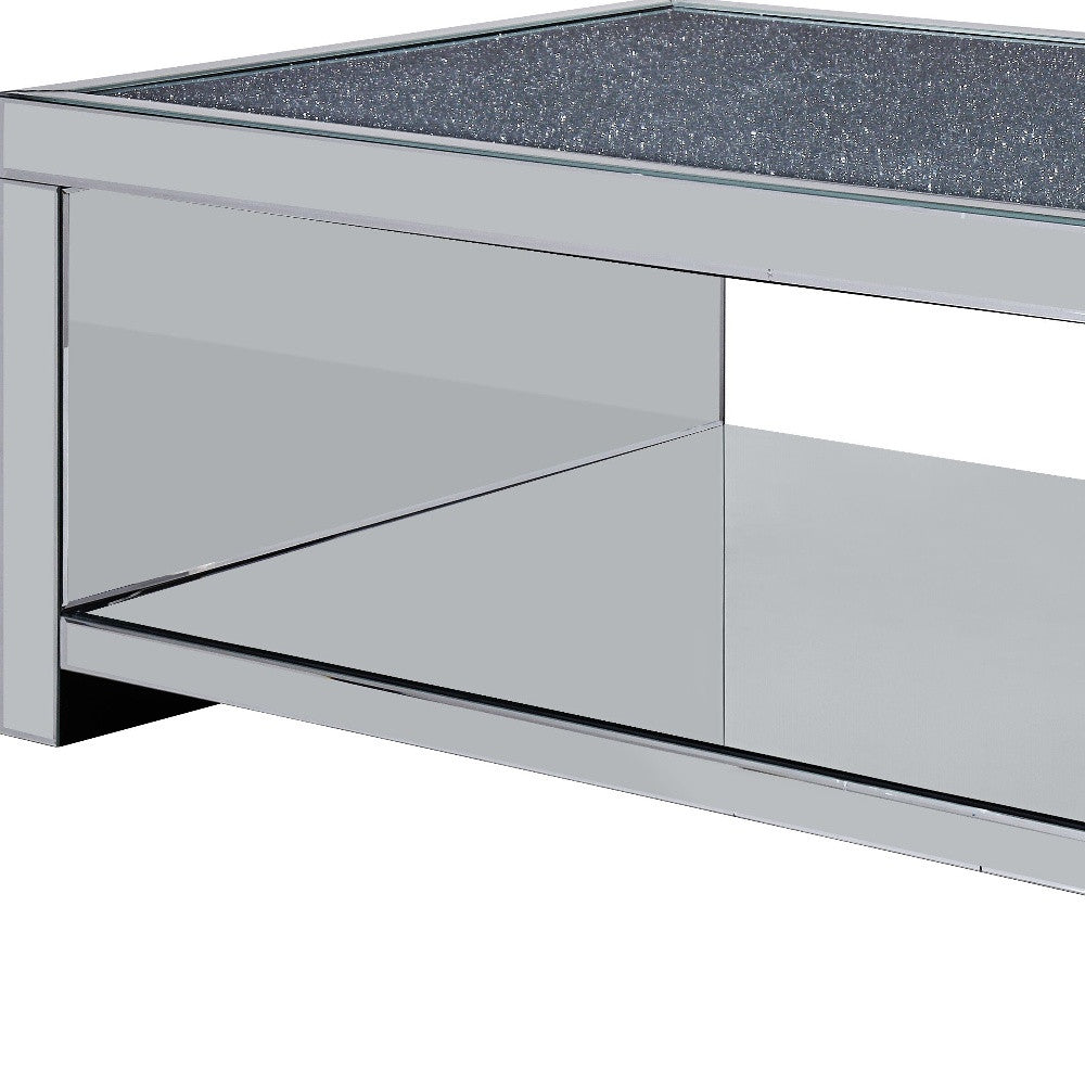 48" Silver Glass Mirrored Coffee Table With Shelf