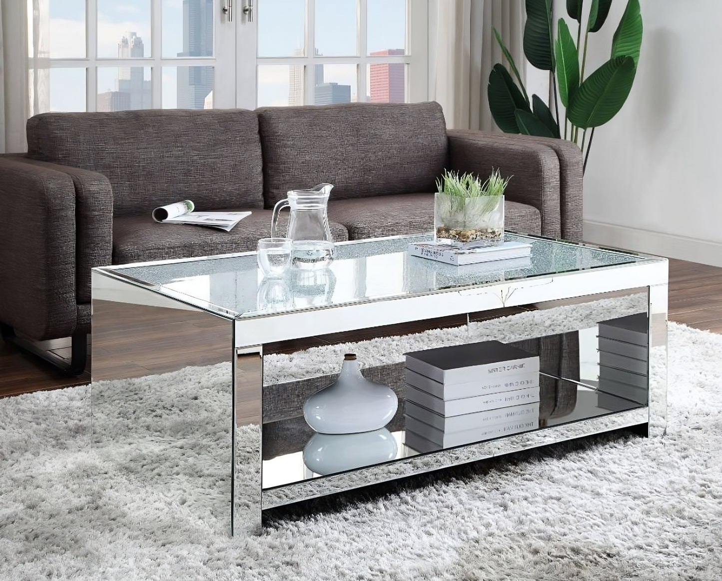 48" Silver Glass Mirrored Coffee Table With Shelf