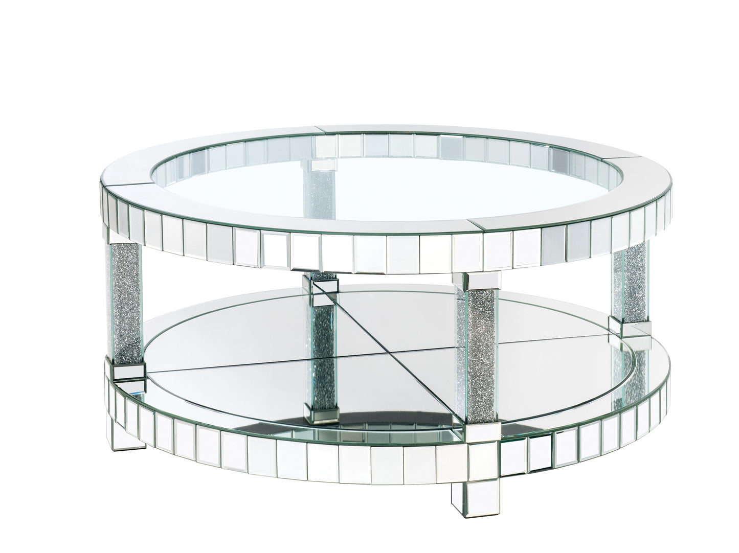 40" Clear And Silver Glass Round Mirrored Coffee Table With Shelf