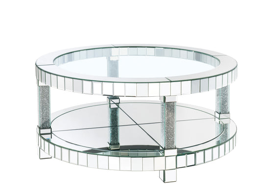 40" Clear And Silver Glass Round Mirrored Coffee Table With Shelf