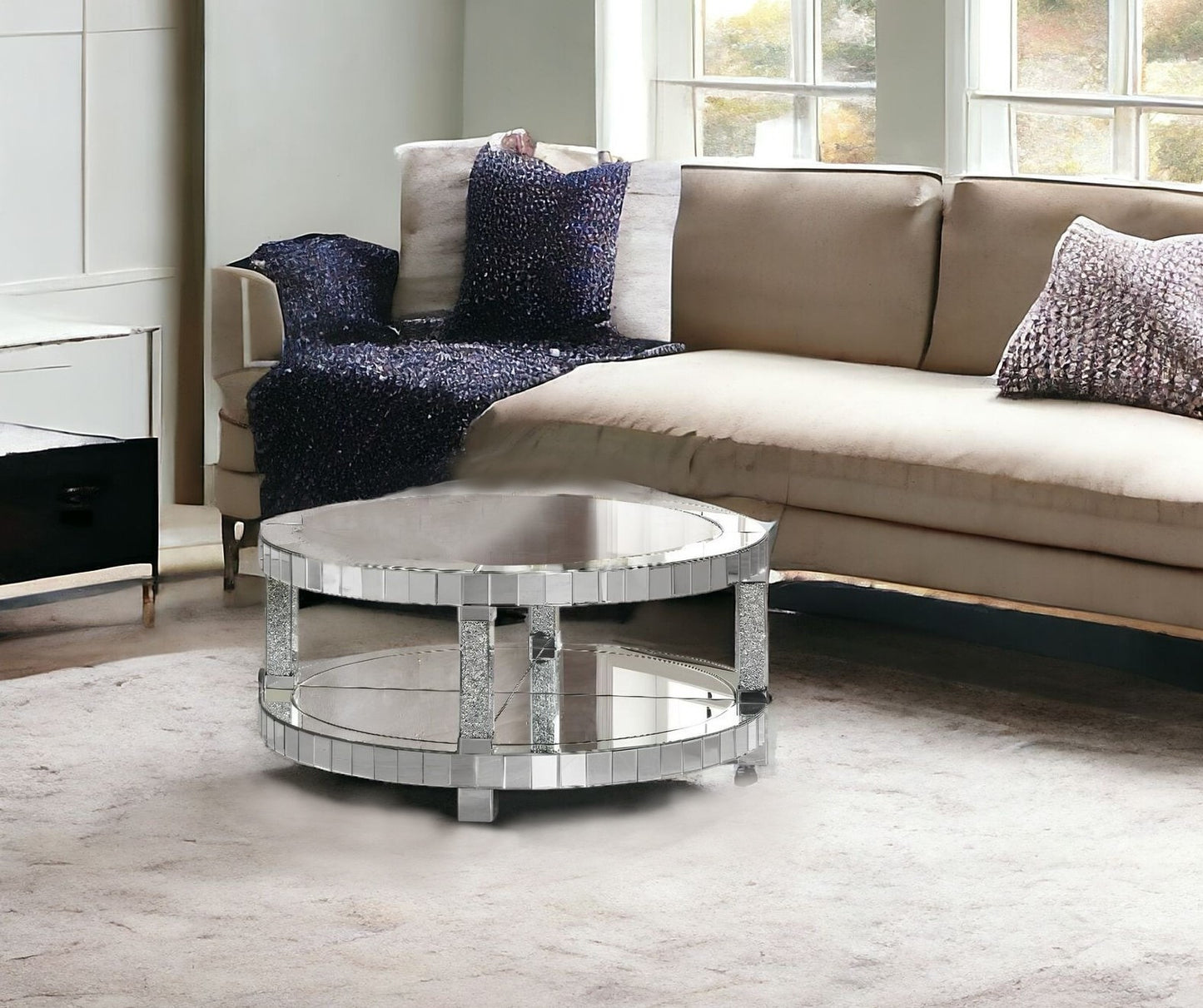 40" Clear And Silver Glass Round Mirrored Coffee Table With Shelf