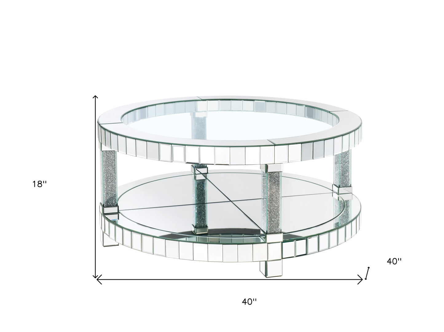 40" Clear And Silver Glass Round Mirrored Coffee Table With Shelf