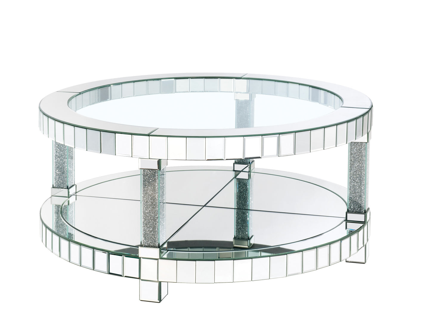 40" Clear And Silver Glass Round Mirrored Coffee Table With Shelf