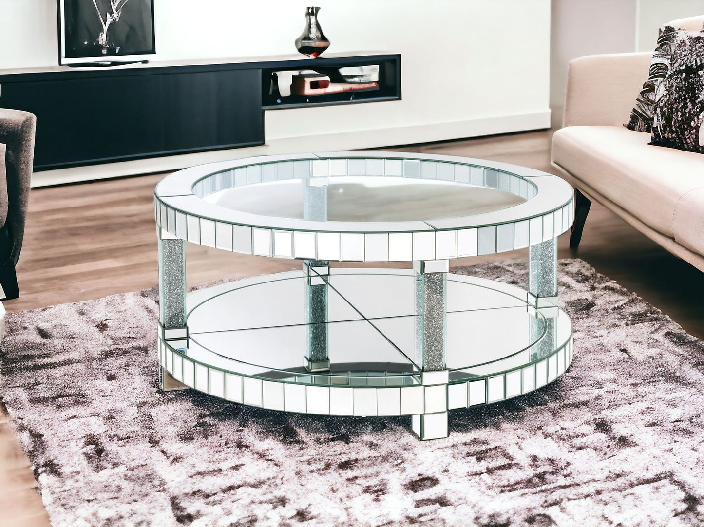 40" Clear And Silver Glass Round Mirrored Coffee Table With Shelf