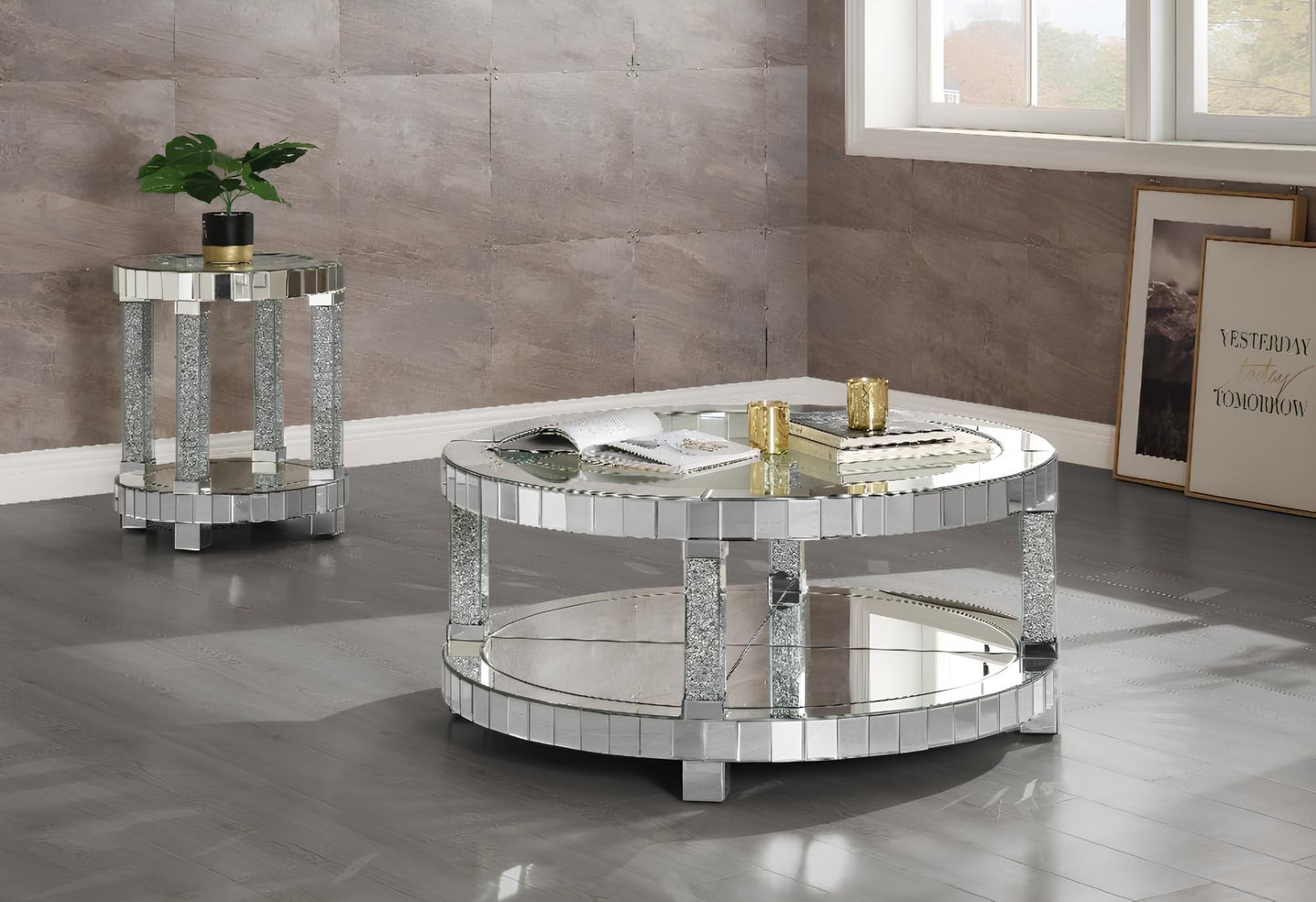 40" Clear And Silver Glass Round Mirrored Coffee Table With Shelf