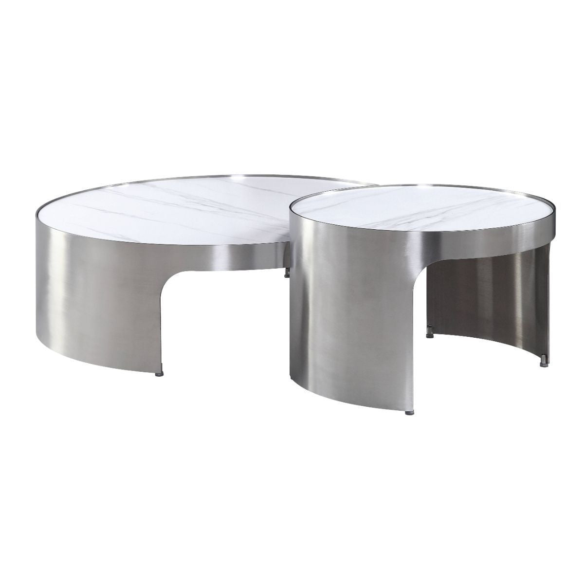 Set of Two 39" White and Silver Faux Marble Round Nested Coffee Tables