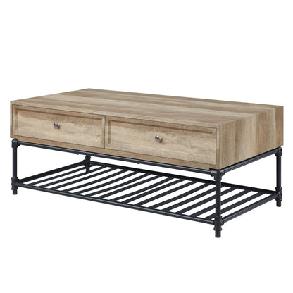 47" Oak and Brown Metal Coffee Table With Two Drawers And Shelf