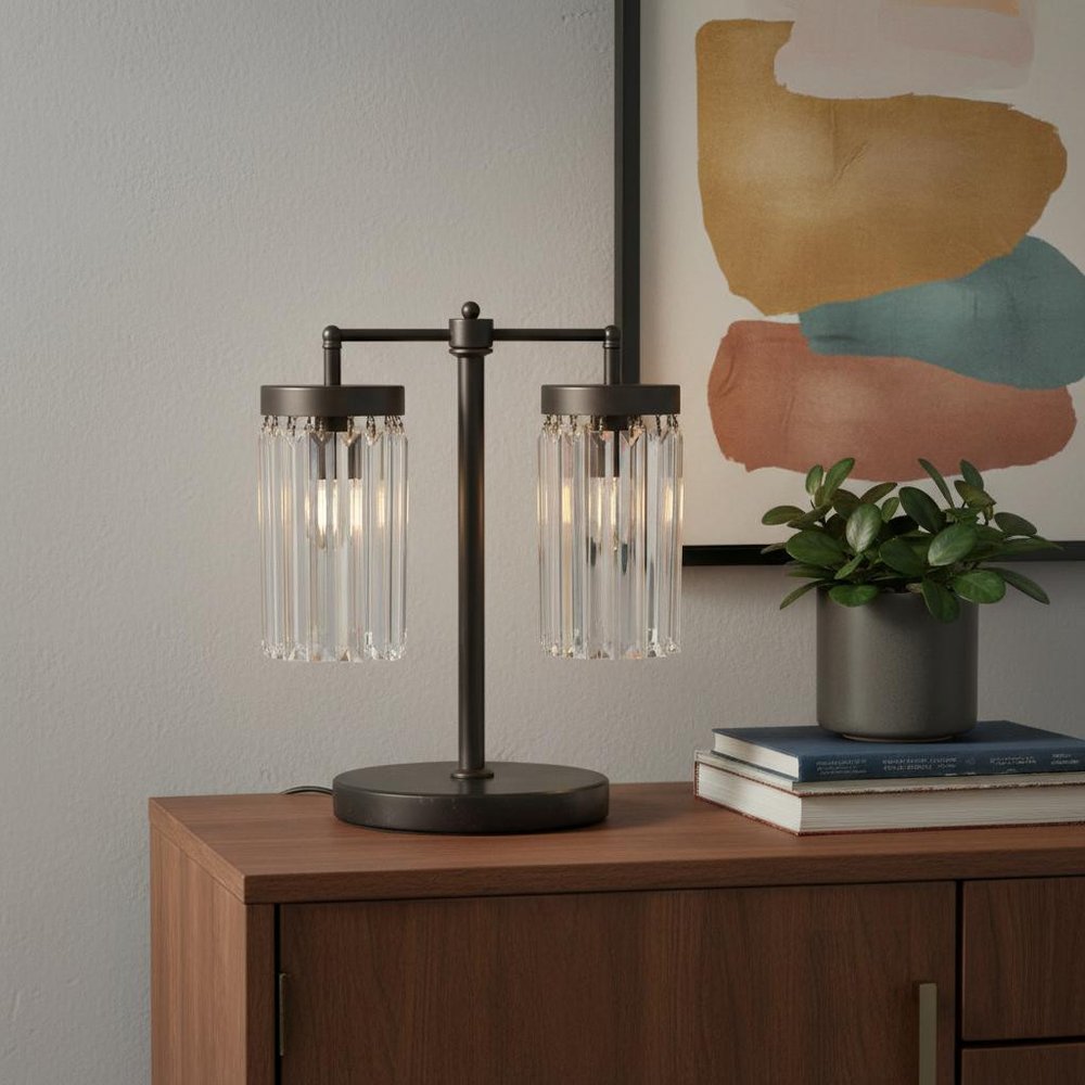 18" Black Iron Two Light Cylinder Bedside Table Lamp With Clear Cylinder Shade