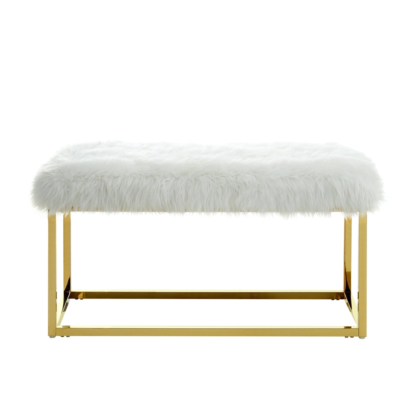 40" White and Gold Faux Fur Upholstered Bench