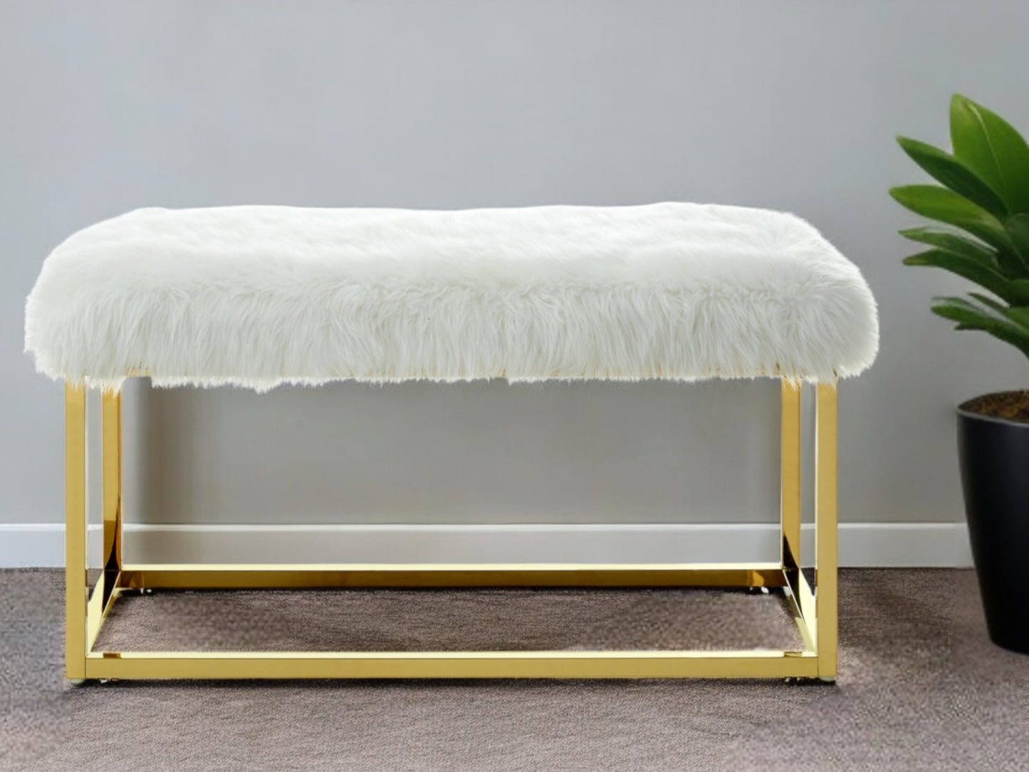 40" White and Gold Faux Fur Upholstered Bench