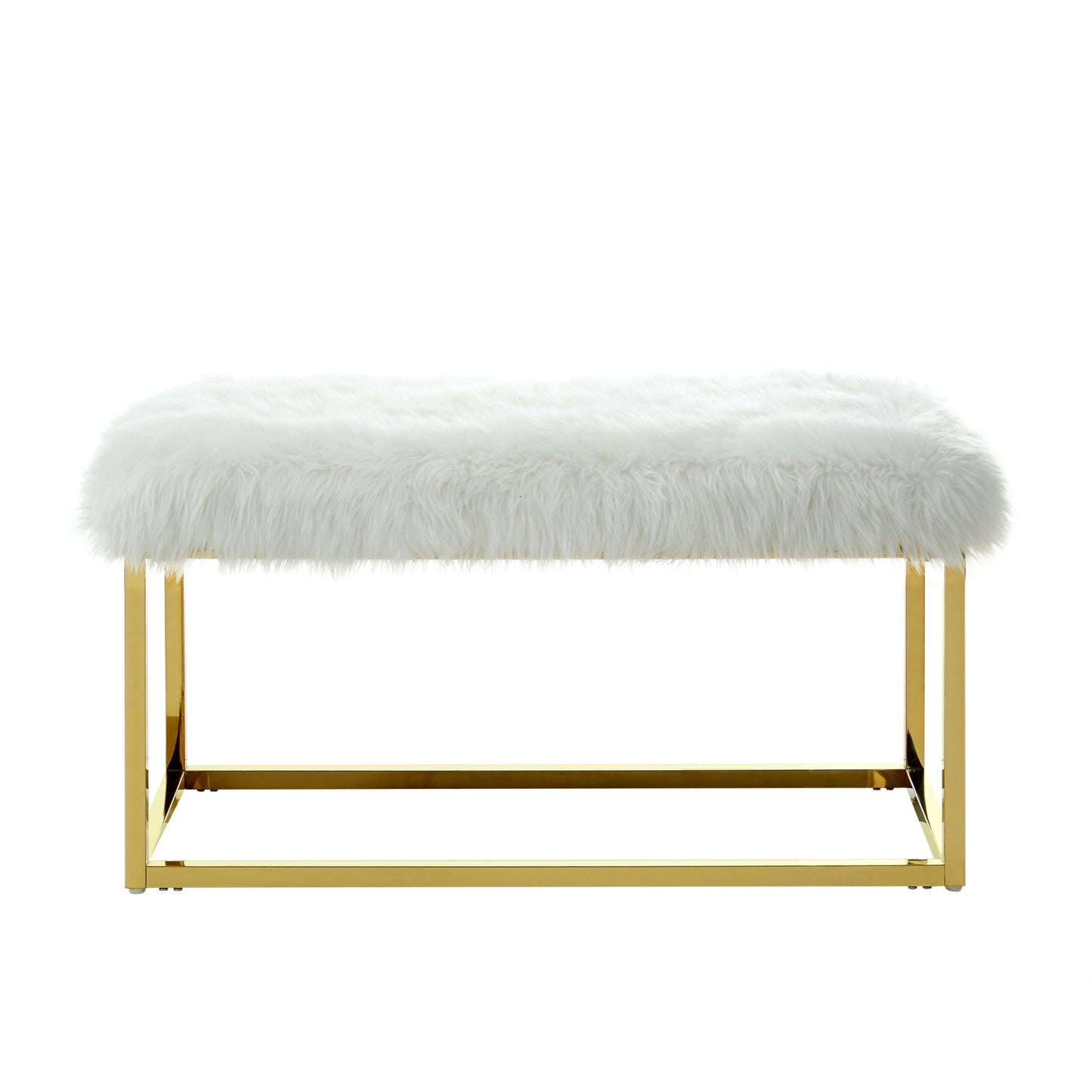 40" White and Gold Faux Fur Upholstered Bench