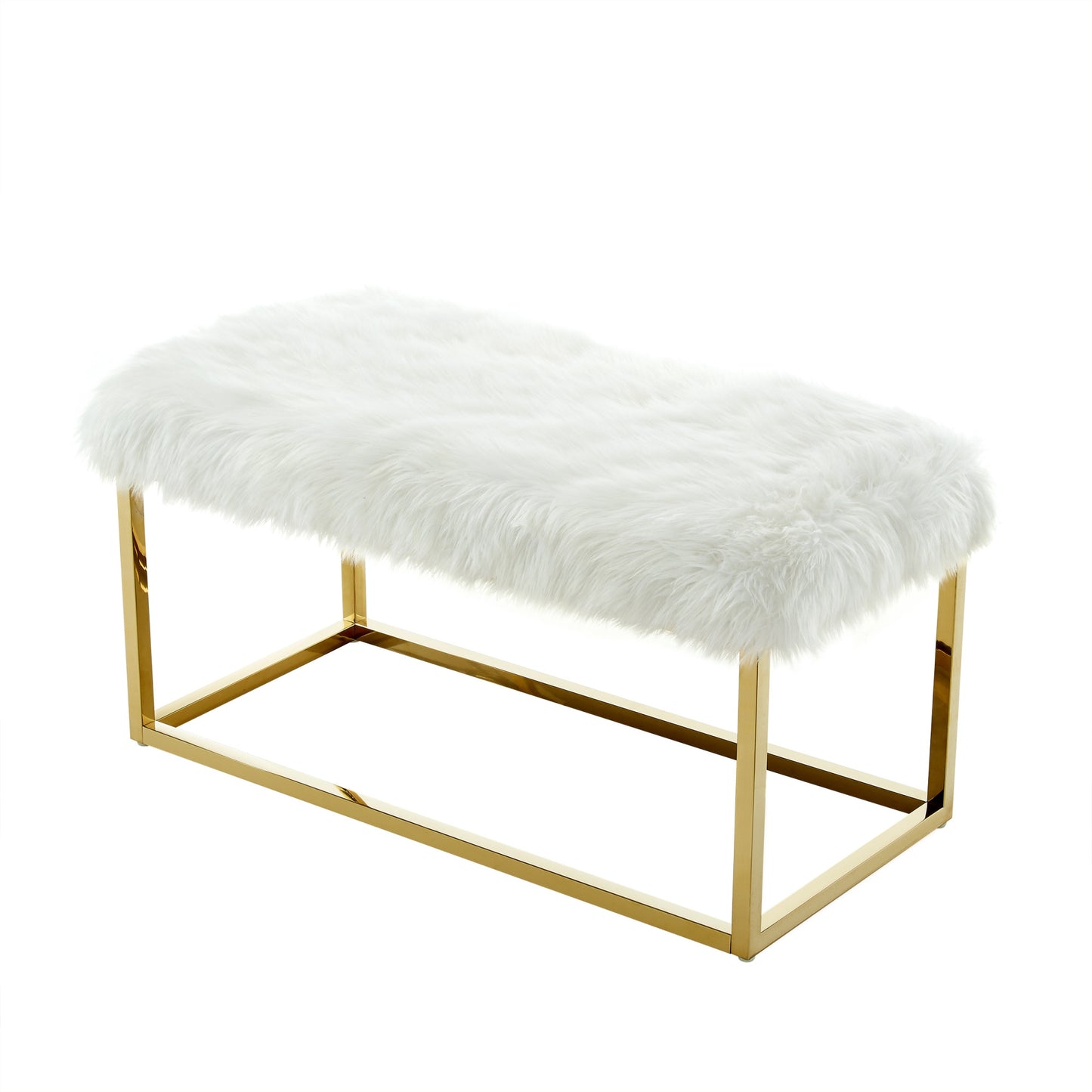 40" White and Gold Faux Fur Upholstered Bench