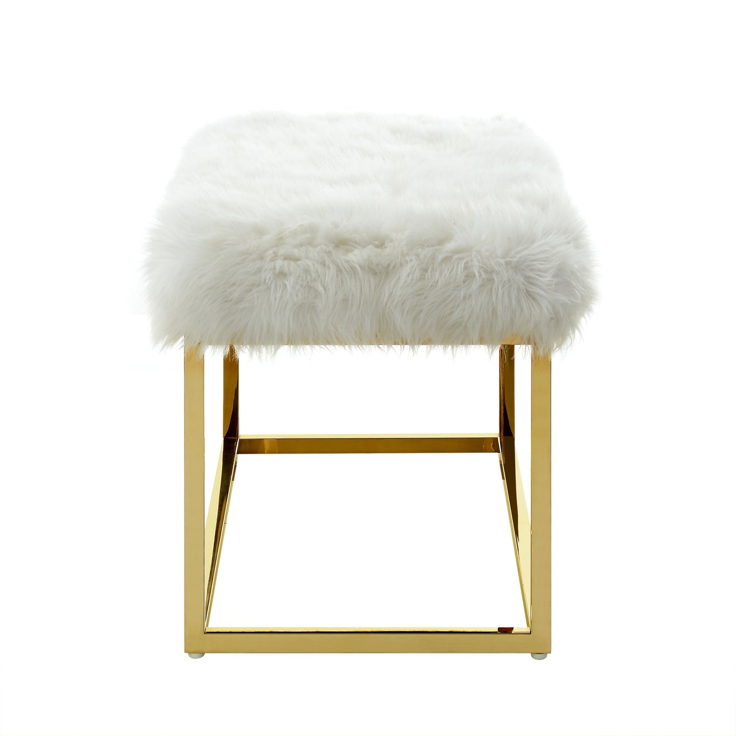 40" White and Gold Faux Fur Upholstered Bench