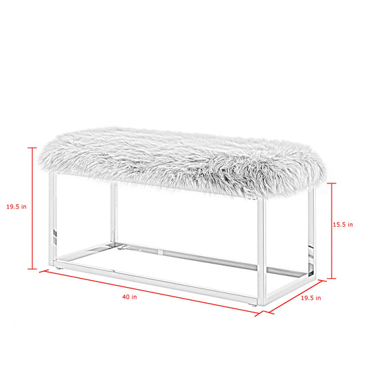 40" White and Gold Faux Fur Upholstered Bench