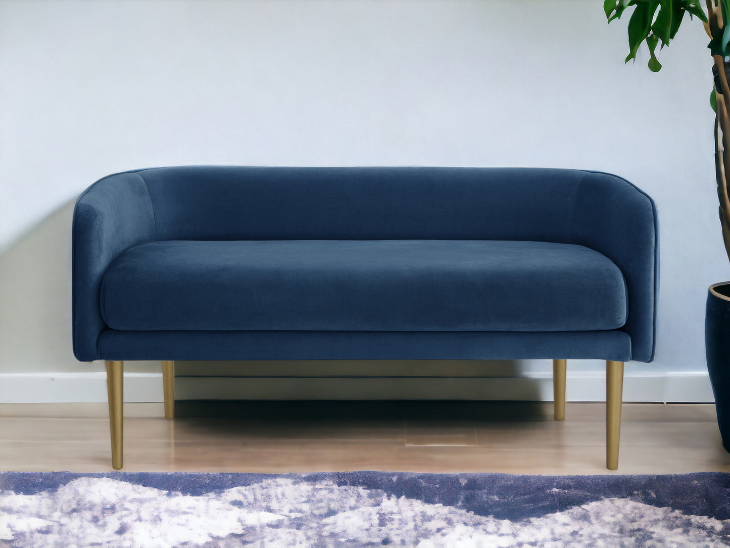 50" Navy Blue And Brown Upholstered Velvet Bench