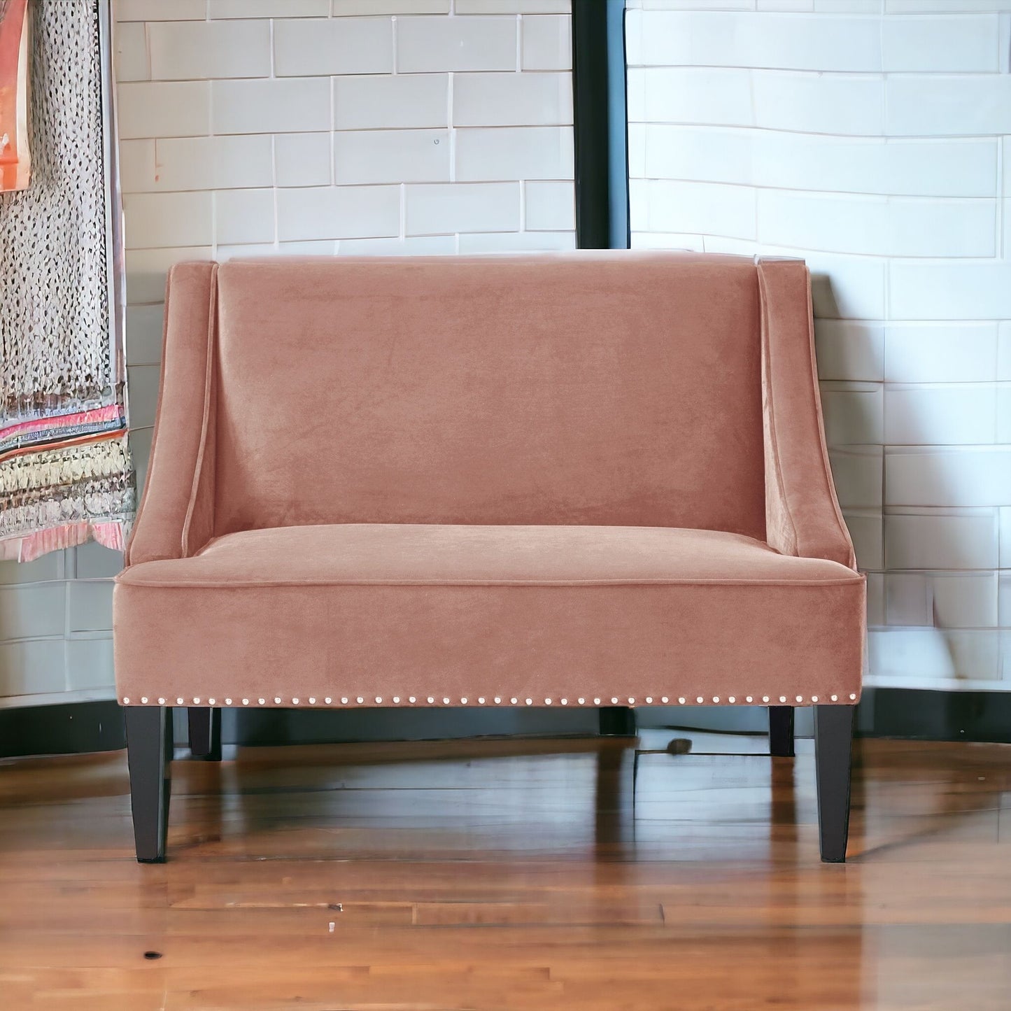 45" Blush And Brown Upholstered Velvet Bench