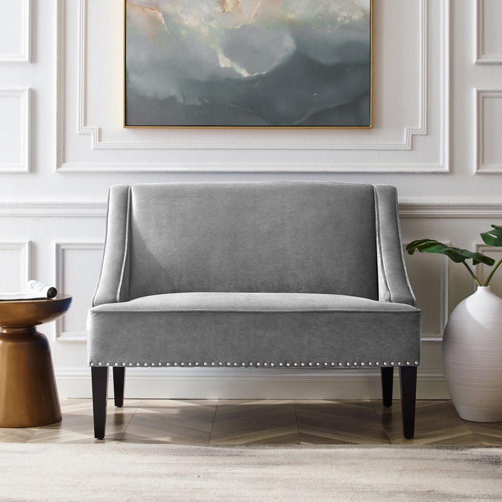45" Light Gray And Black Upholstered Linen Bench