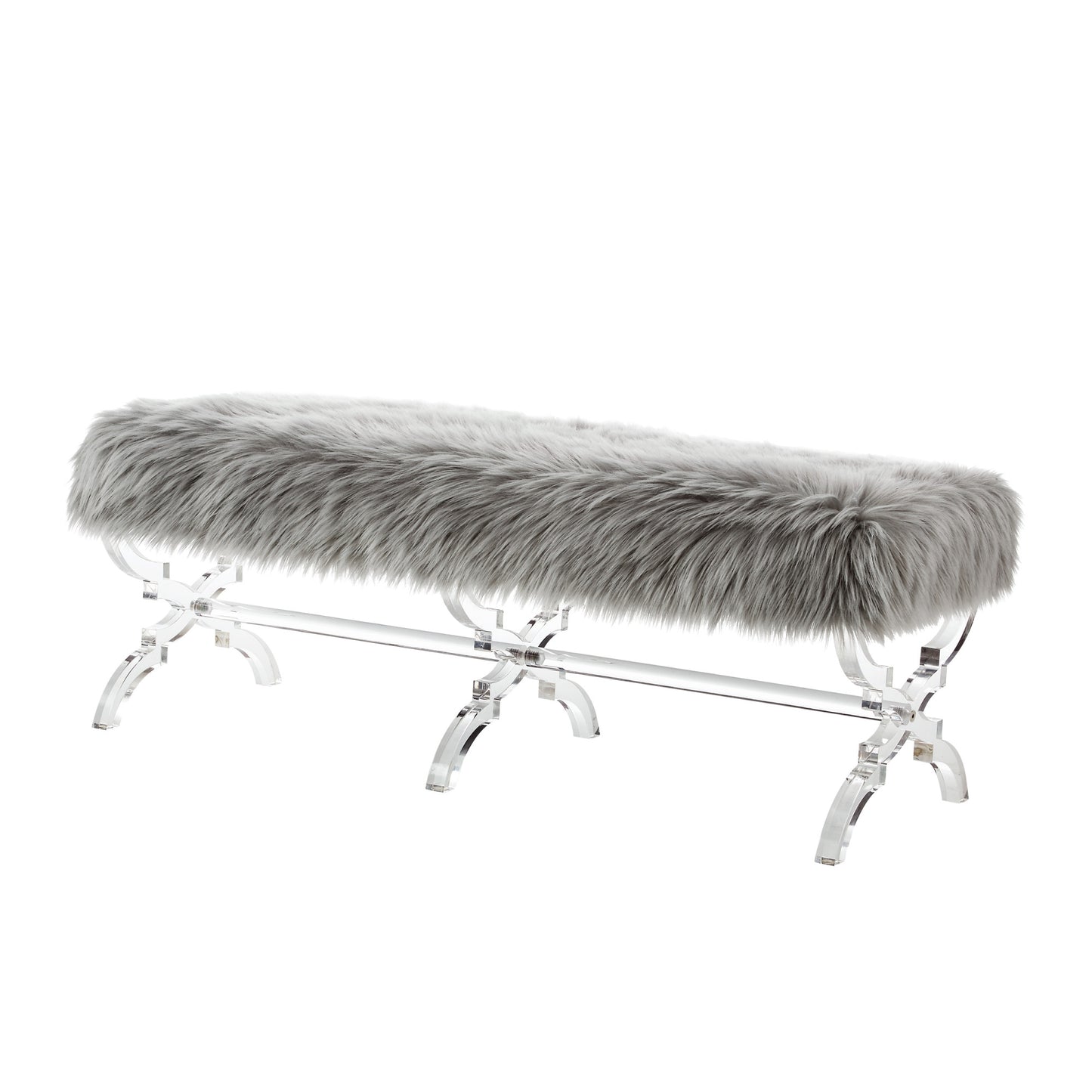 48" Rose And Clear Upholstered Faux Fur Bench